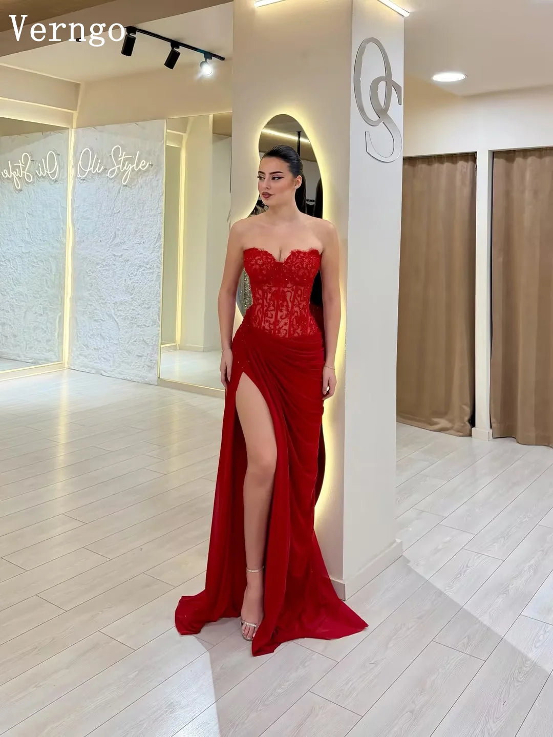 Verngo Red Lace Elegant Prom Dress Sweetheart Floor Length Side Slit Evening Dress Mermaid Fashion Party Gown 2026 Customized