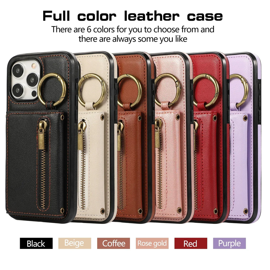 Crossbody Cards Solt Triple Wallet Leather Zipper Case For iPhone 15 16 Pro Max 14 Plus 13 12 11 XS XR SE2022 Ring Holder Cover