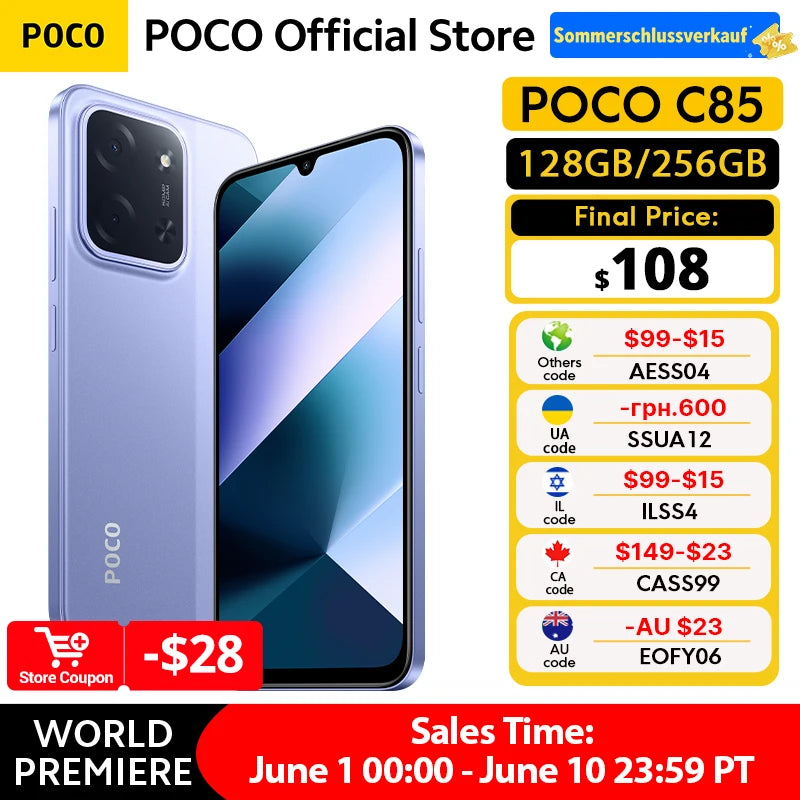 POCO C85 Global Version Smartphone 128GB 256GB MTK Helio G81-Ultra 6.9" Dot Drop Display 50MP Main Camera 6000mAh 33W Charging