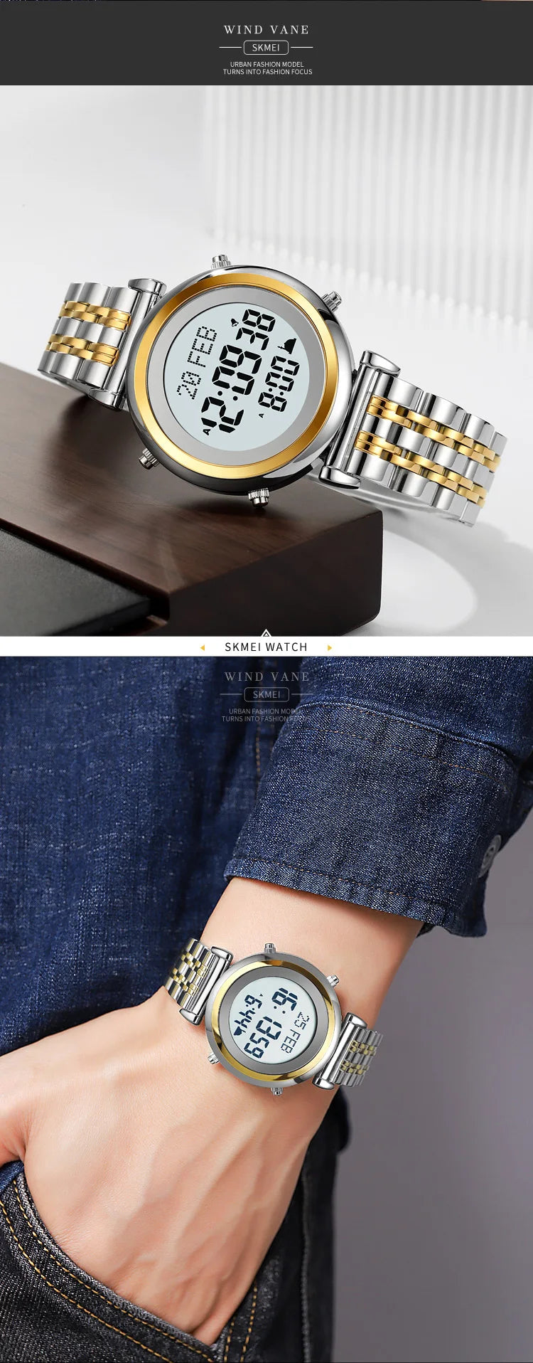 SKMEI 2139 Digital Watch Steel Muslim Azan Mens Back Light Waterproof Hijri Islamic Wristwatch Prayer Qibla Compass Alarm Clock