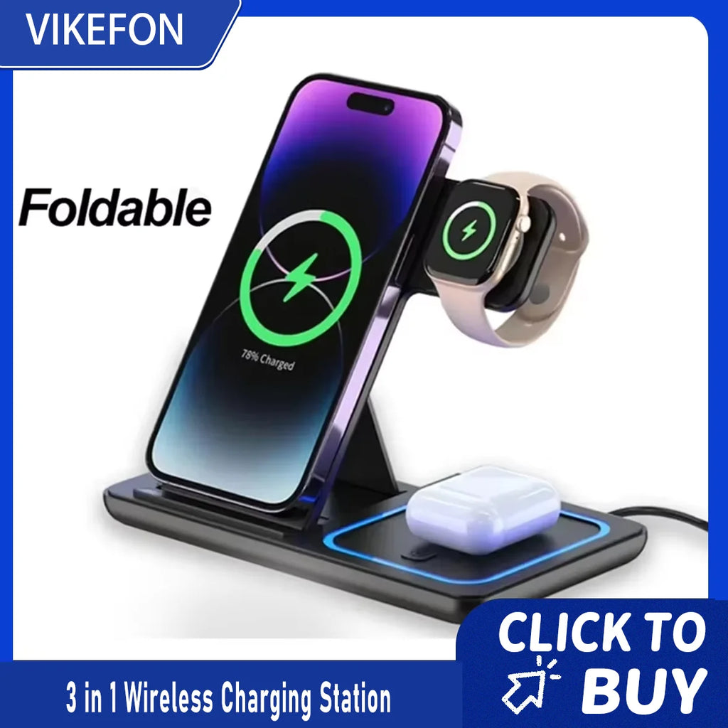 3 In 1 Foldable Wireless Charging Station for iPhone 12-17 Pro Max iWatch Ultra Airpods Pro Fast Charger Stand Dock