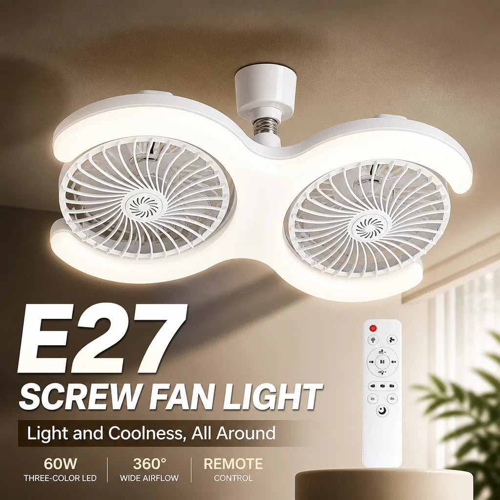 Double Head E27 Ceiling Fan Light with Remote Control Adjustable Angle and Silent Design Suitable for Bedrooms and Living Rooms