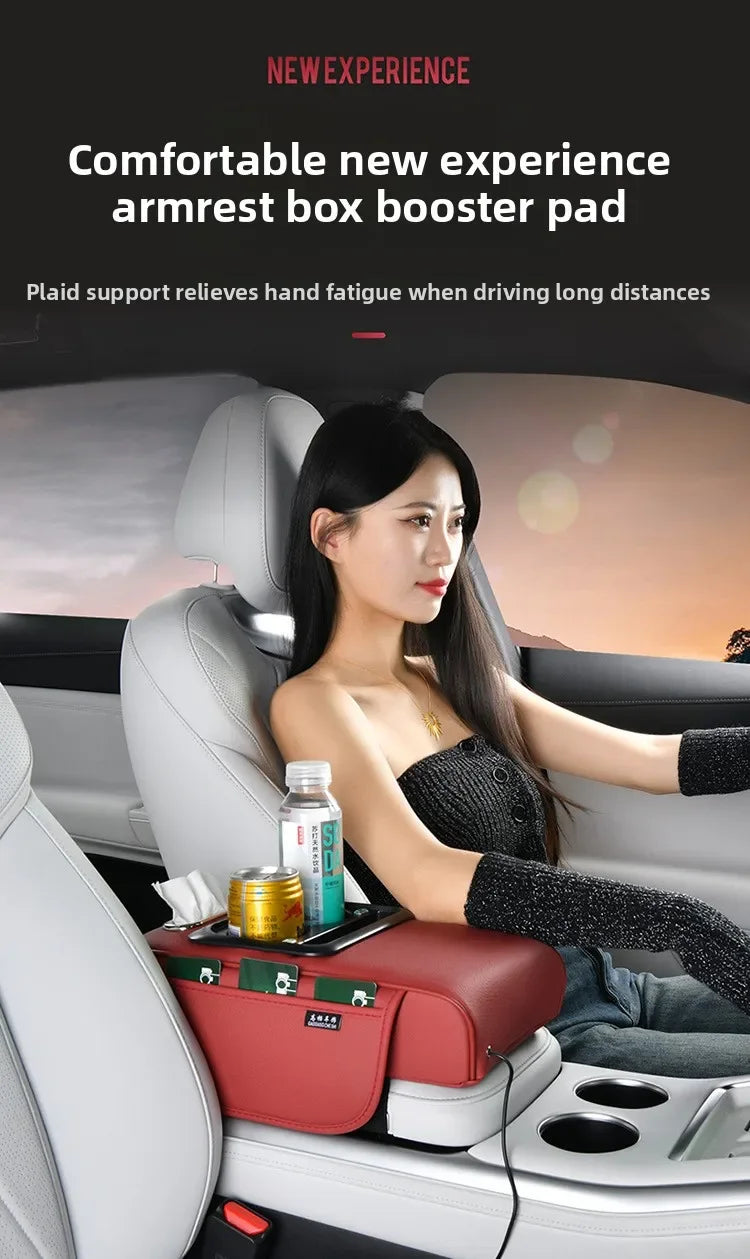 Multi-Function Car Armrest Box with USB Port - Storage Booster Pad Center Console Tissue Box And Water Cup Holder for Vehicle