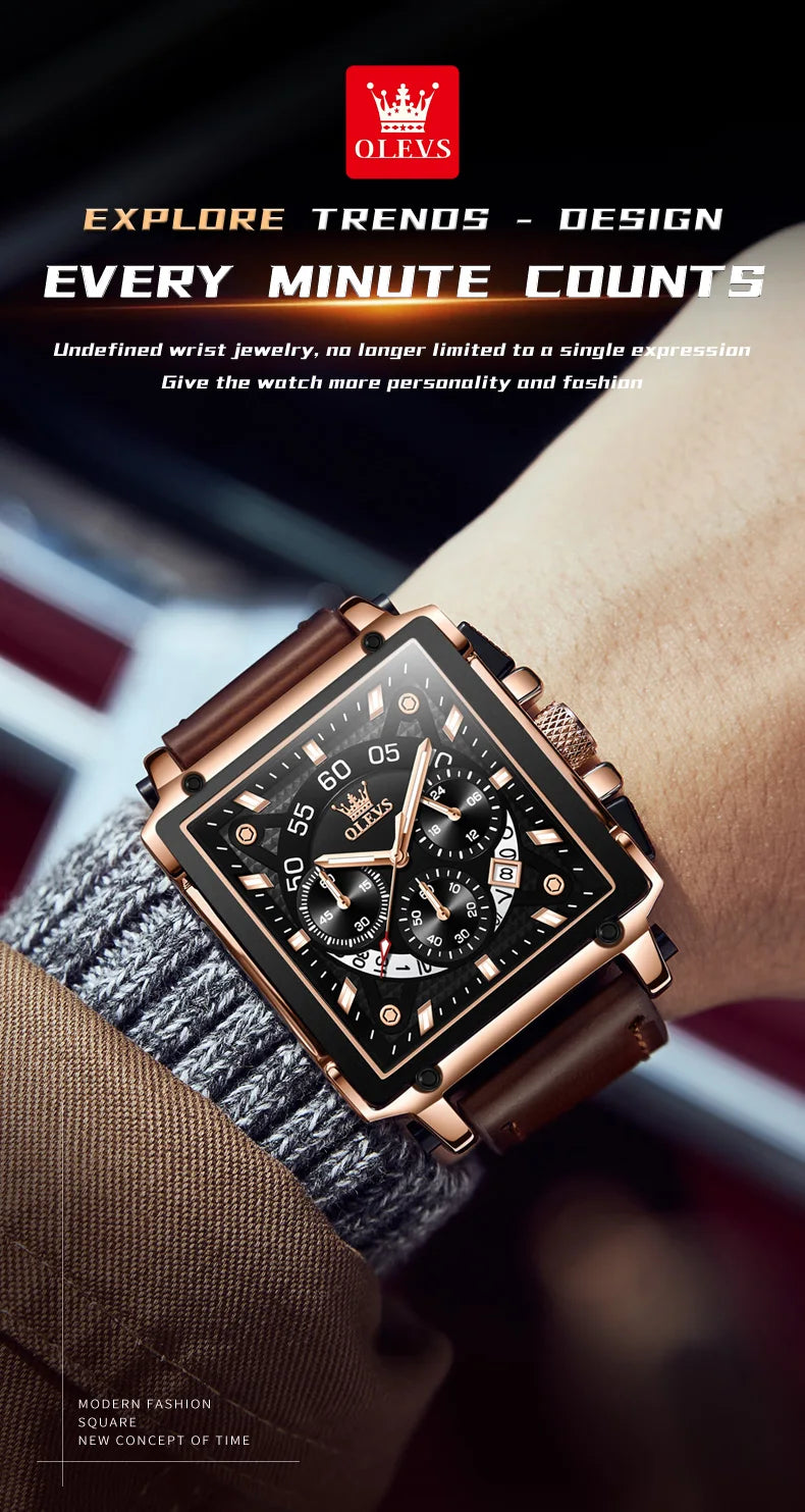 OLEVS Top Brand Male Watches Square Quartz Watch Watch For Men Waterproof Leather Strap Sport Clock Male Relogio Masculino