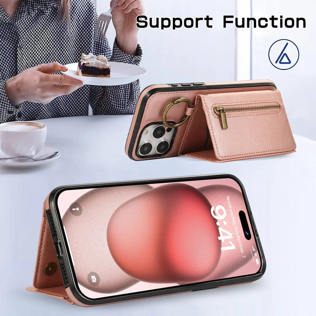 Crossbody Cards Solt Triple Wallet Leather Zipper Case For iPhone 15 16 Pro Max 14 Plus 13 12 11 XS XR SE2022 Ring Holder Cover