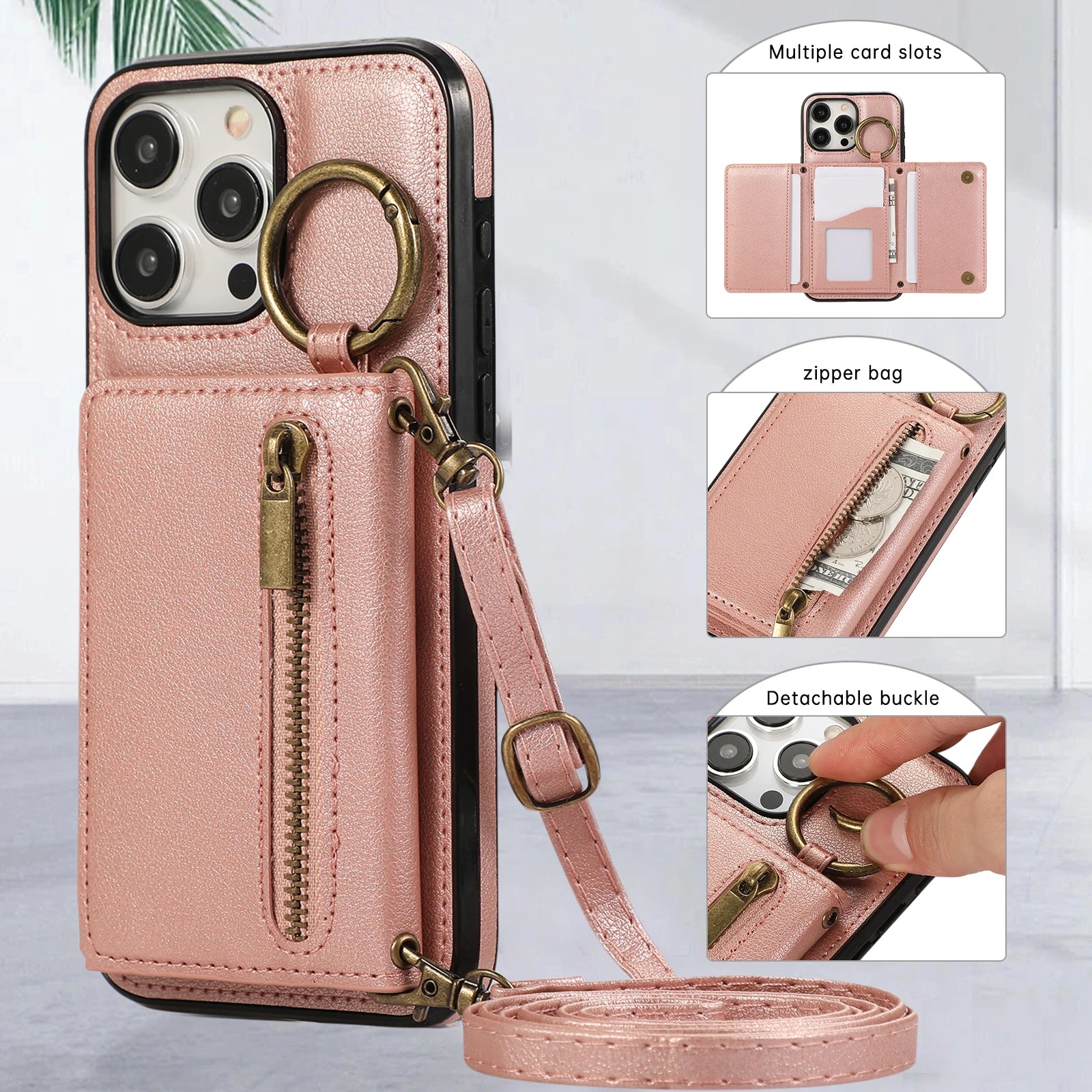 Crossbody Cards Solt Triple Wallet Leather Zipper Case For iPhone 15 16 Pro Max 14 Plus 13 12 11 XS XR SE2022 Ring Holder Cover