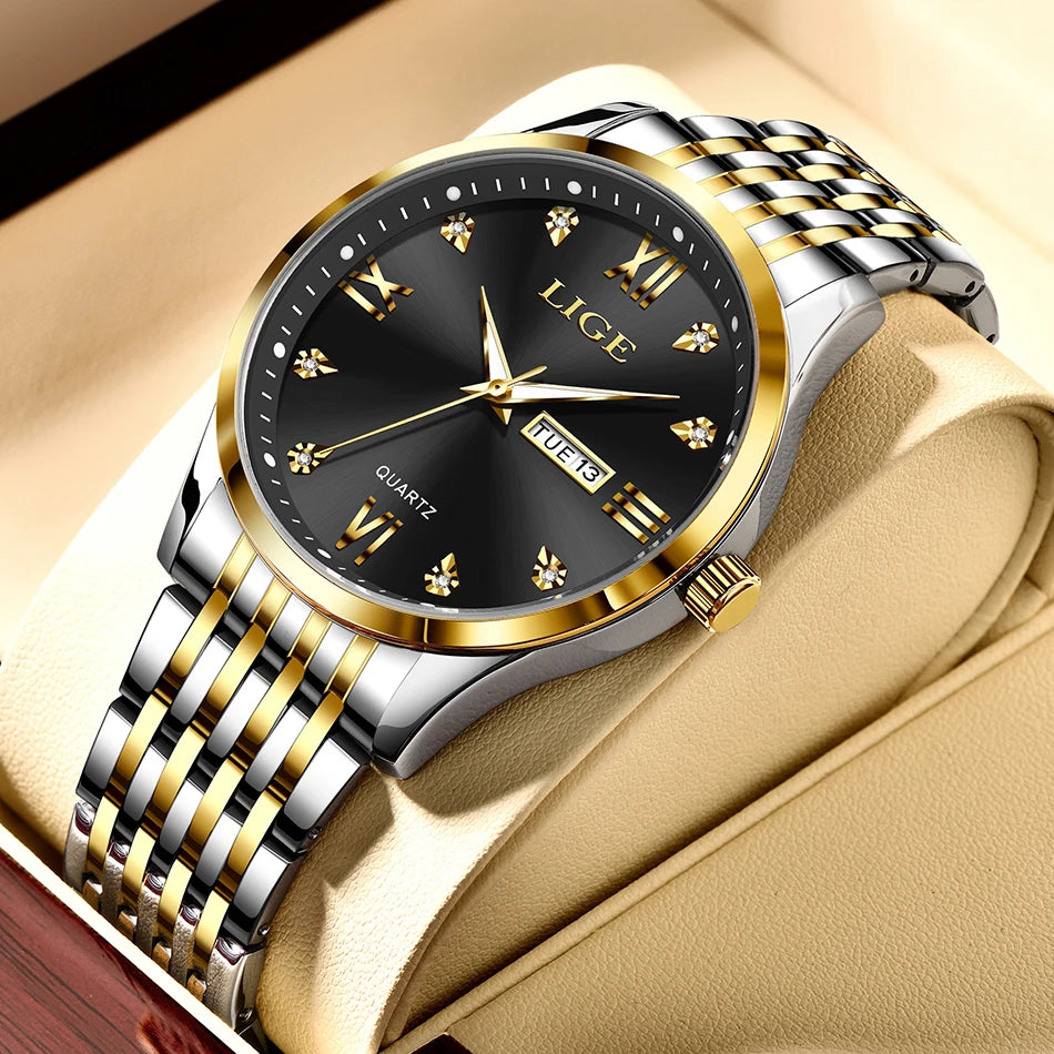 LIGE Fashion Retro Diamond Dial Casual Watches Round Stainless Steel Waterproof Luminous Clock Quartz Wristwatch for Women Gift