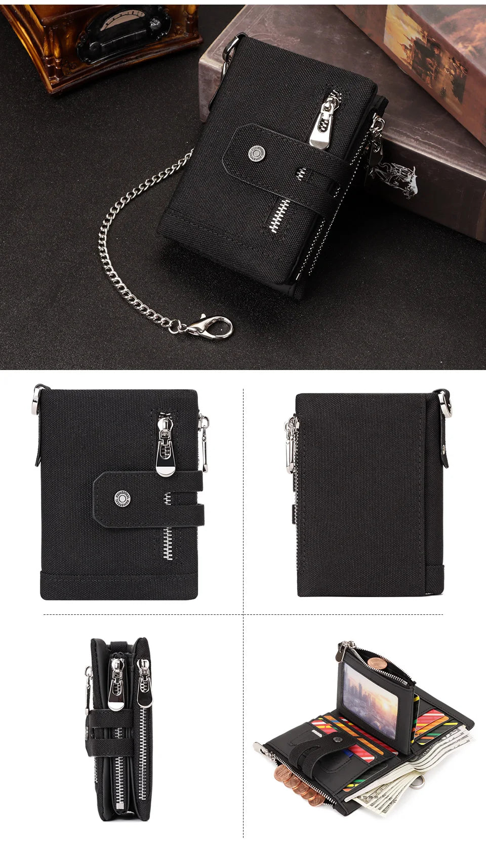 Oxford Wallet for Men RFID Blocking Credit Cards Holder Purse with Zipper Coin PurseClassic Biker Short Chain Portomonee