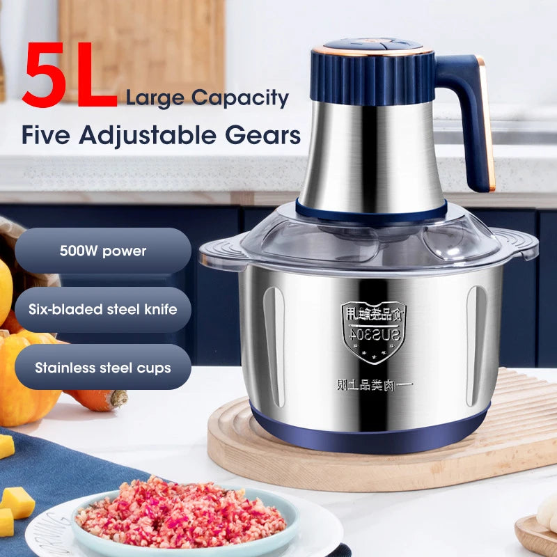 High-capacity electric food grinder for professional household cooking.
