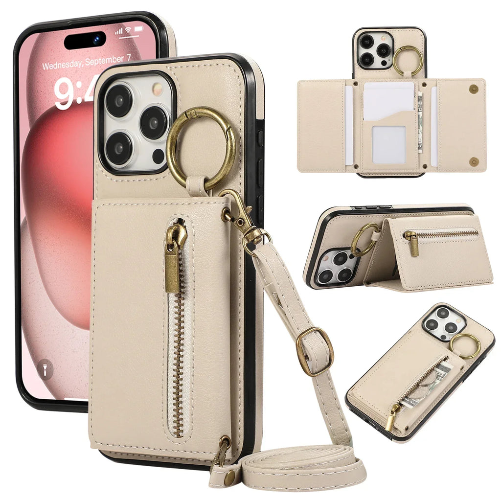 Crossbody Cards Solt Triple Wallet Leather Zipper Case For iPhone 15 16 Pro Max 14 Plus 13 12 11 XS XR SE2022 Ring Holder Cover