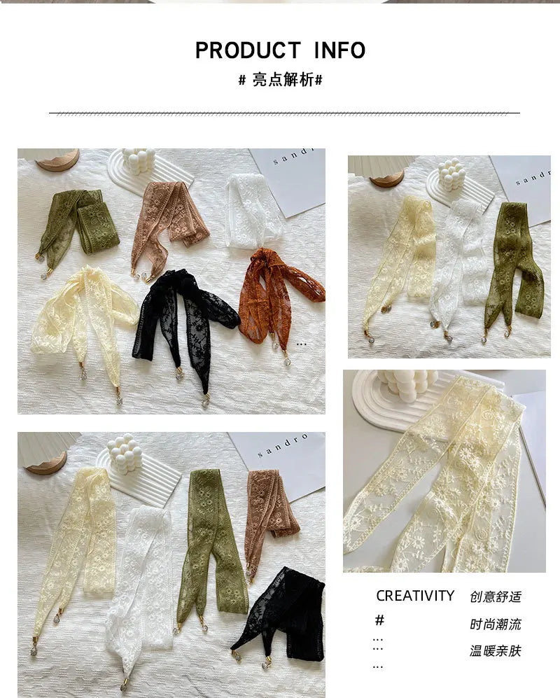 Women's Gentle Parent-Child Daisy Lace Pendant Hair Band Multi-Functional Scarf Silk Scarf Belt Long Thin Narrow Ribbon