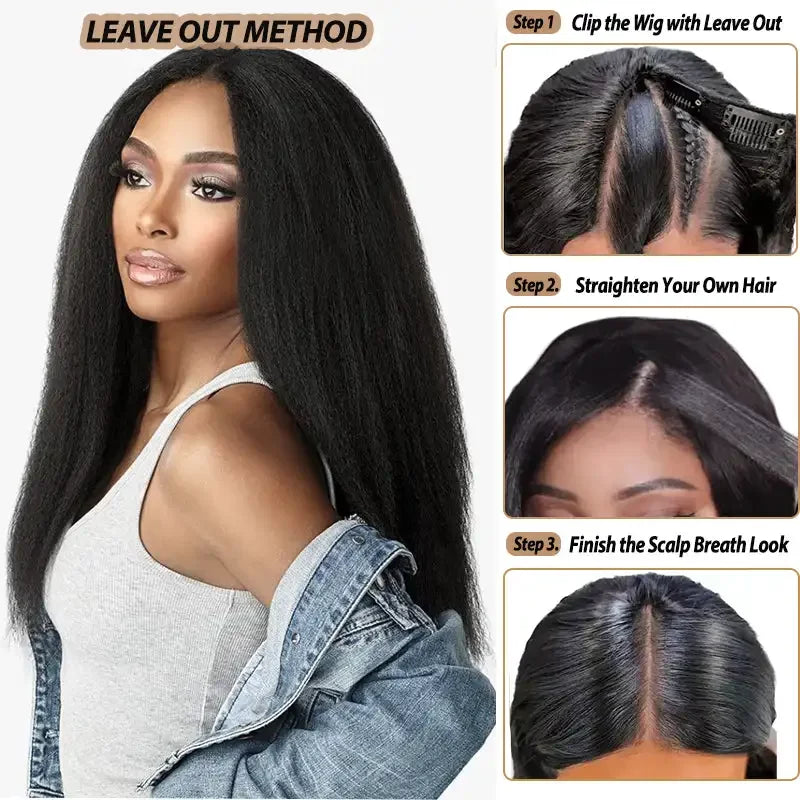 V Part Kinky Straight Wig Human Hair 220% Density 32 40 Inch V Shape Clip in Half Wigs No Leave Out No Sew In Wig Natural Color