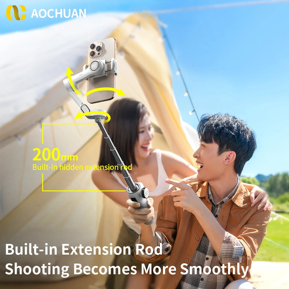 Smart handheld gimbal featuring AI face tracking and tripod combo."