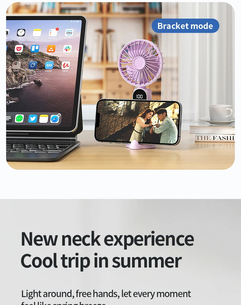 Portable Handheld Fan Mini USB Fan With 6 Speeds and Digital Display Foldable 3-in-1 Handheld Neck and Desktop Fan For Outdoor
