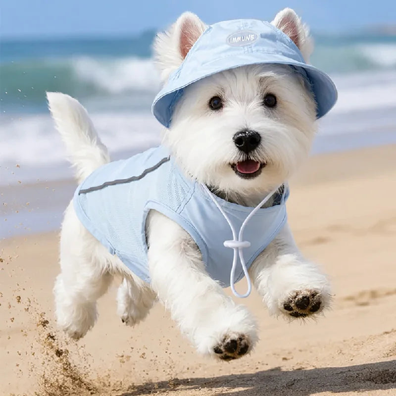 Pet Dog Summer Cooling Vest with Cap Breathable Mesh Sun Protective Shirt for Dogs&Cats Lightweight Outdoor Pet Clothes Set