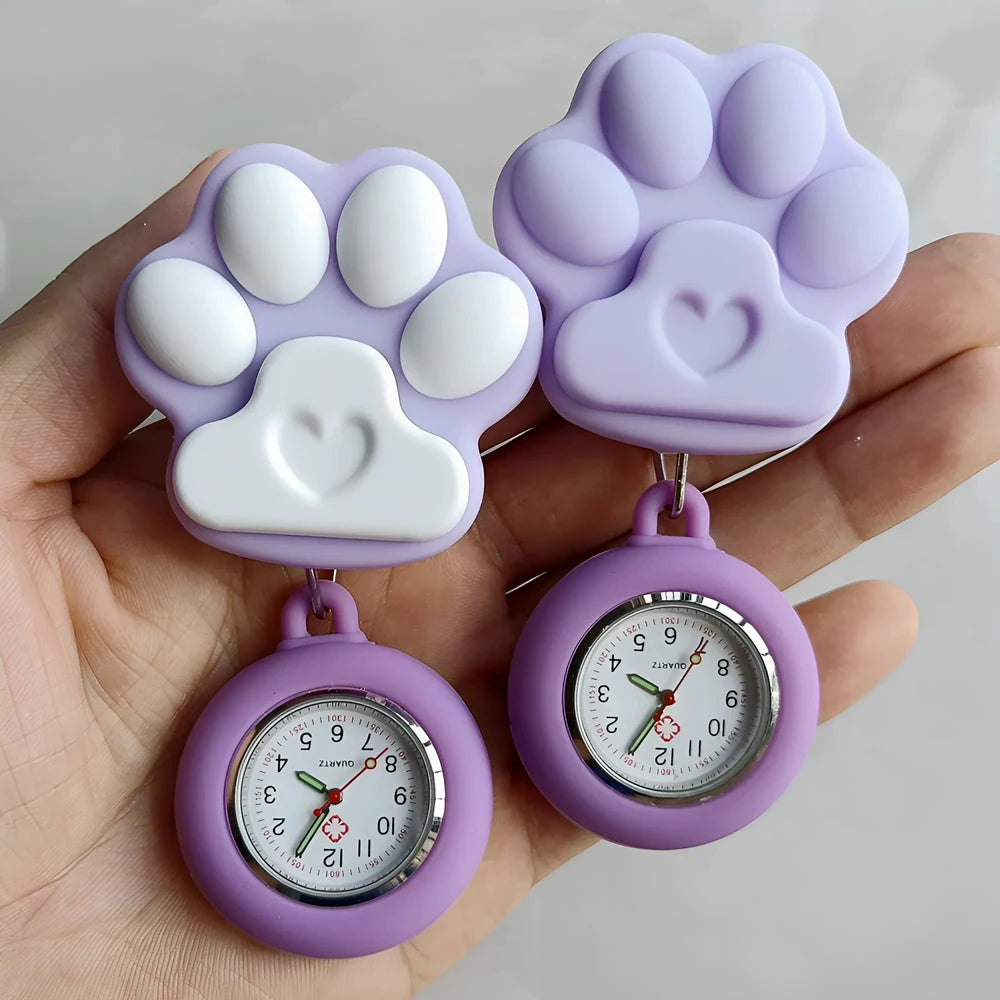 Colourful Retractable Badge Reel Nurse Doctor Lovely Cat Claw Footprints Pocket Watches medical hospital Gift Watch for women