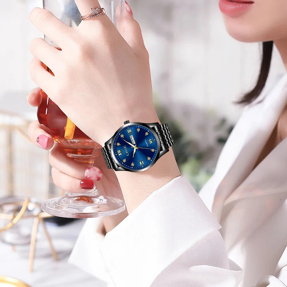 LIGE Fashion Retro Diamond Dial Casual Watches Round Stainless Steel Waterproof Luminous Clock Quartz Wristwatch for Women Gift