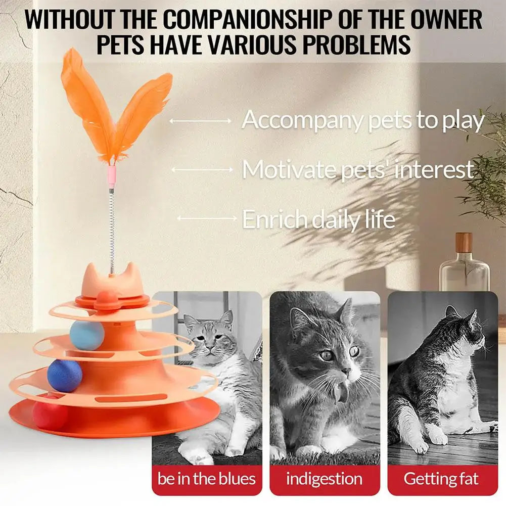 Pattern Feather Cat Toy, Three-layer Rotating Tower with Ball, Indoor Cat Interactive Fun&Christmas, New Year Pet Toys