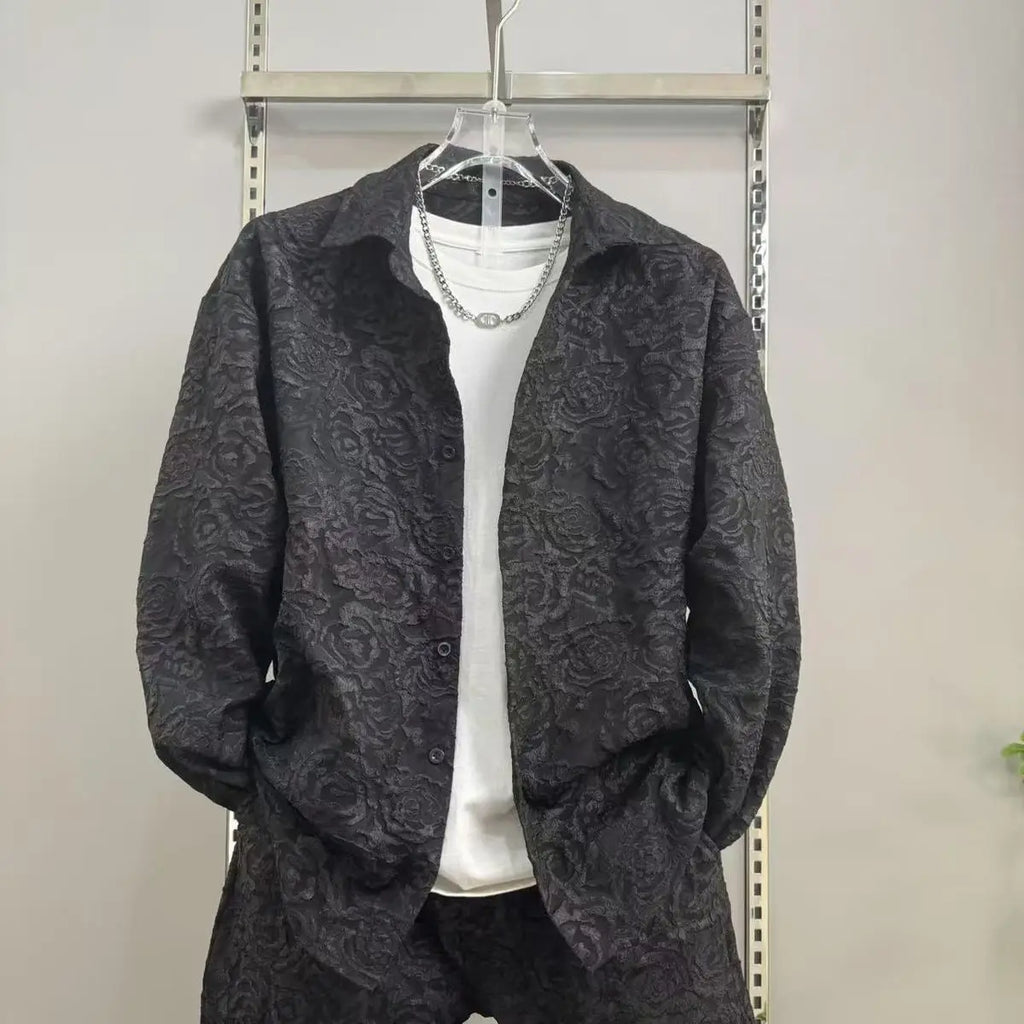 2025 New Men's casual fashion two-piece pants set, sporty lapel jacquard shirt, long-sleeved spring and autumn set