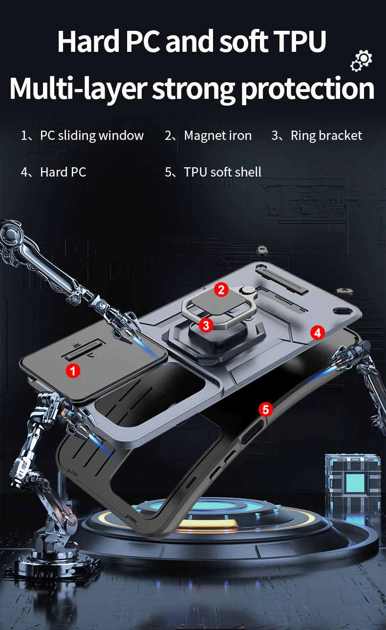 For Xiaomi Redmi 15 4G 171mm Case Slide Camera Protect Phone Case For Redmy 15 Redmi15 4G Magnetic Ring Holder Armor Back Cover