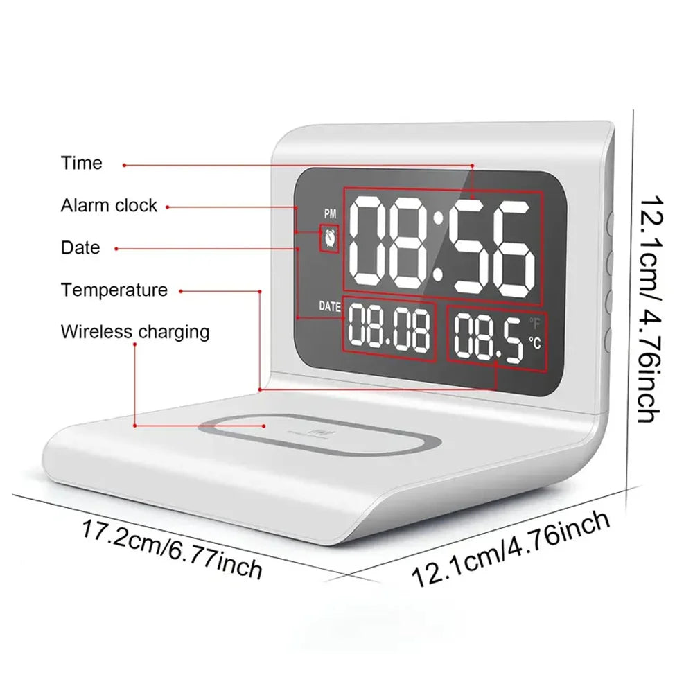 Wireless Charger Pad Stand with Alarm Clock And Thermometer Fast Charging Station for iPhone 17/16/15/14/13/12/11