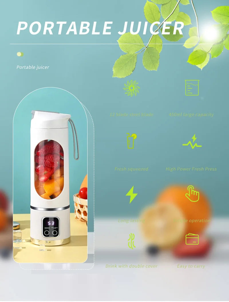 Outdoor portable juicer cup, rechargeable mini juicer, portable juicer, fruit and vegetable juicer with LED display