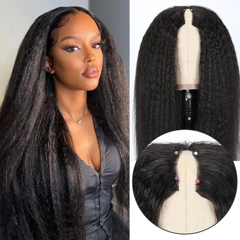 V Part Kinky Straight Wig Human Hair 220% Density 32 40 Inch V Shape Clip in Half Wigs No Leave Out No Sew In Wig Natural Color
