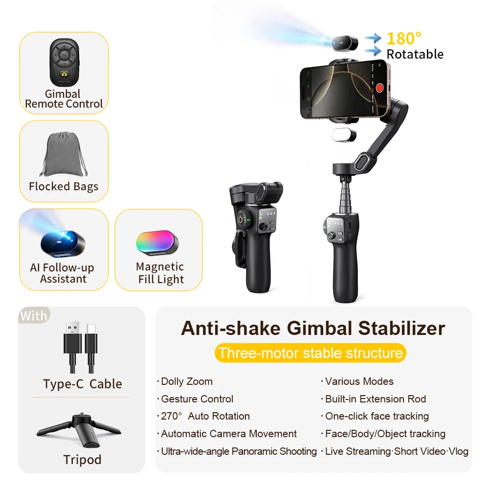 Smart handheld gimbal featuring AI face tracking and tripod combo."