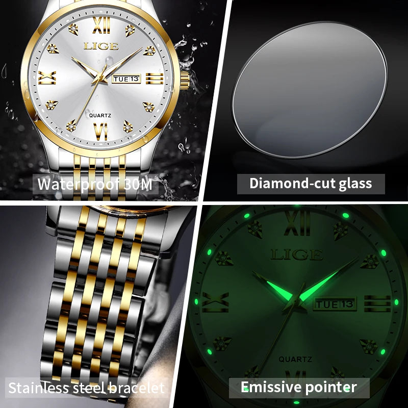 LIGE Fashion Retro Diamond Dial Casual Watches Round Stainless Steel Waterproof Luminous Clock Quartz Wristwatch for Women Gift