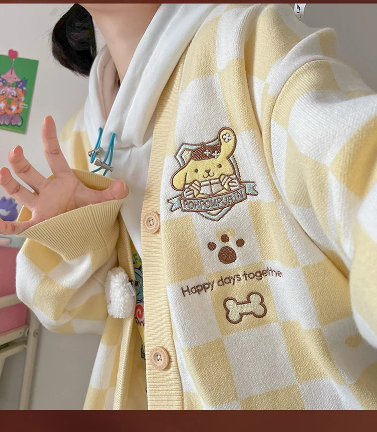 Anime Sanrioed Pompompurin Girls Cardigan Sweater Kawaii Kuromi Cinnamoroll Spring Autumn Knit Coat Loose Sweet Embroidery Tops