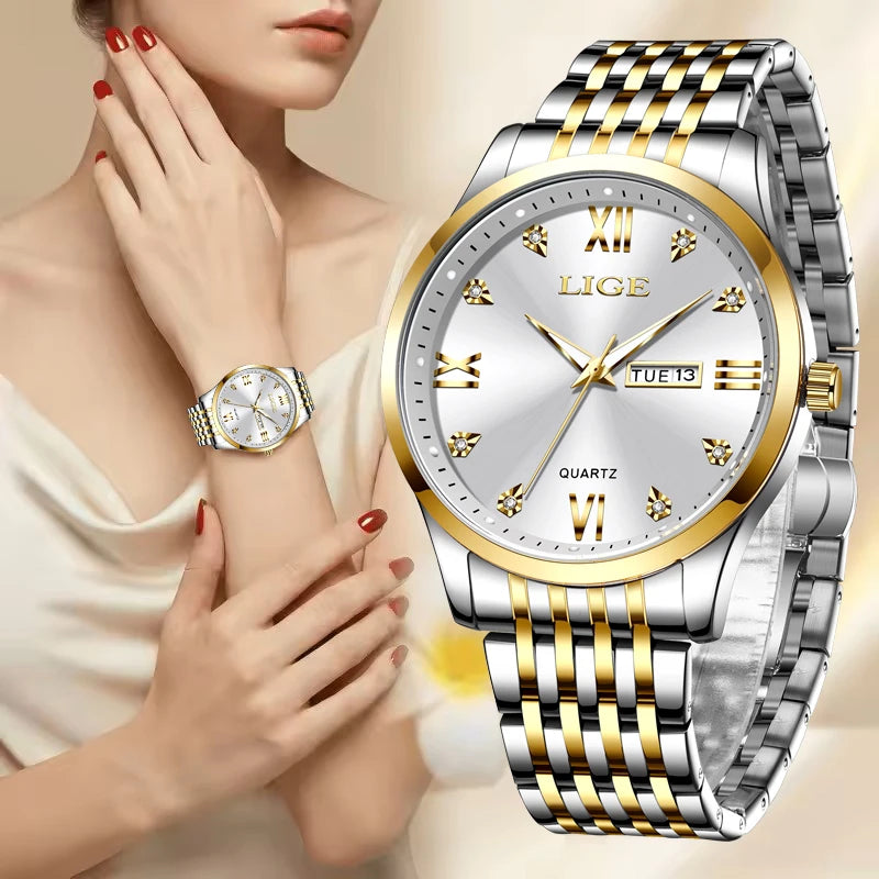 LIGE Fashion Retro Diamond Dial Casual Watches Round Stainless Steel Waterproof Luminous Clock Quartz Wristwatch for Women Gift