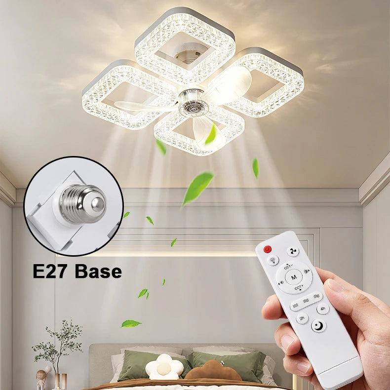 48W Ceiling Fan Light E27 Remote Control 4 heads Circular/Square Timer-controlled Converter Base Lighting Base Bedroom Living R