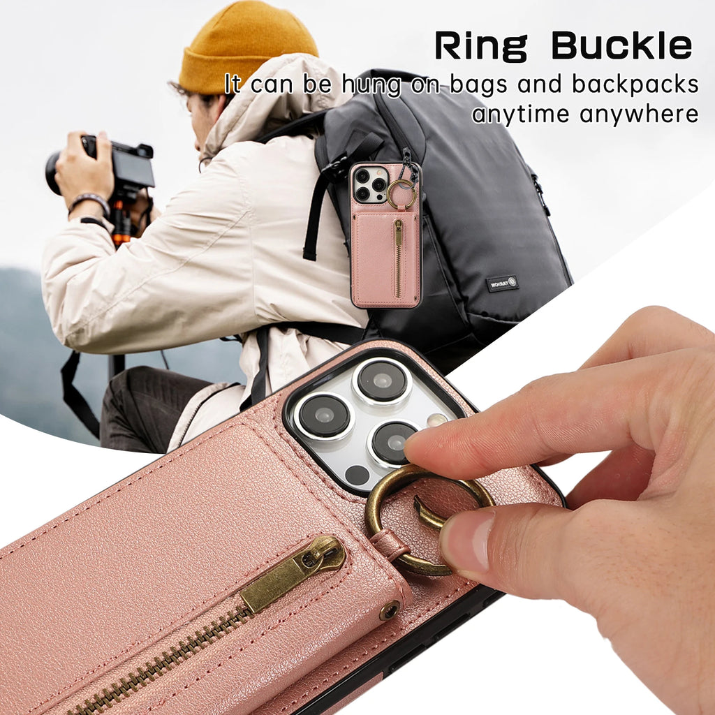 Crossbody Cards Solt Triple Wallet Leather Zipper Case For iPhone 15 16 Pro Max 14 Plus 13 12 11 XS XR SE2022 Ring Holder Cover