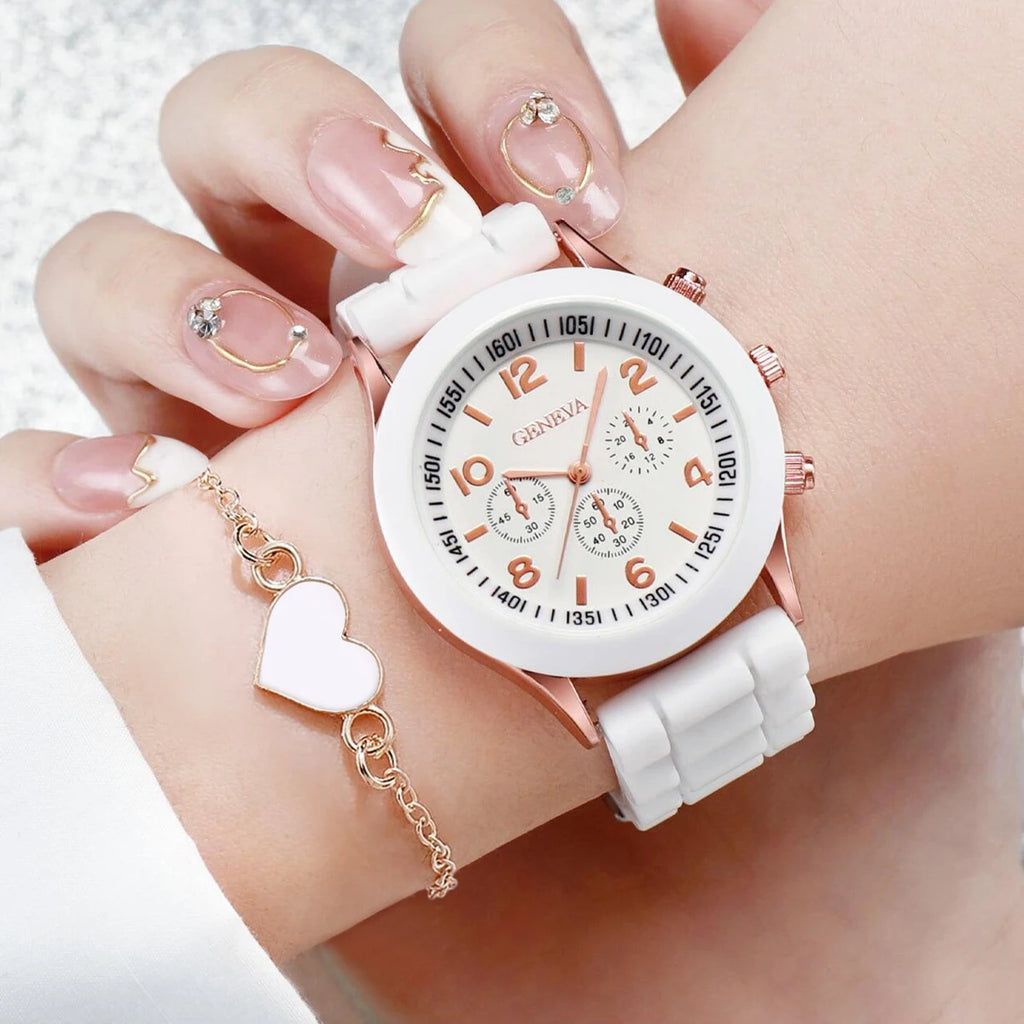 5/6PCS Women Watches Fashion Arabic Dial Silicone Band Quartz Watch Reloj Mujer Girls Clock Gift Jewelry Set（Without Box）