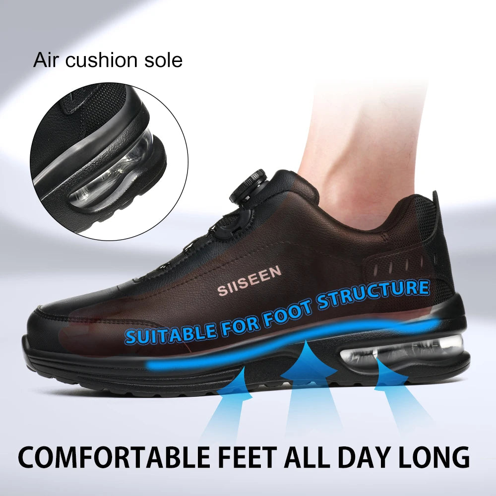 New Waterproof Safety Shoes Men Boots Rotating Button W0ork Sneakers Leather Shoes Anti-Smash Anti-Puncture Security Work Boots