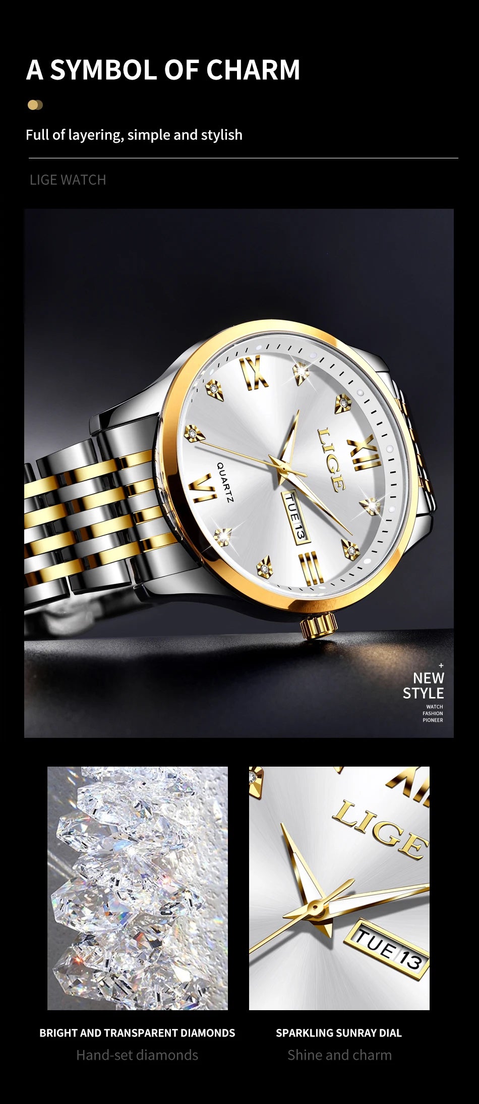 LIGE Fashion Retro Diamond Dial Casual Watches Round Stainless Steel Waterproof Luminous Clock Quartz Wristwatch for Women Gift