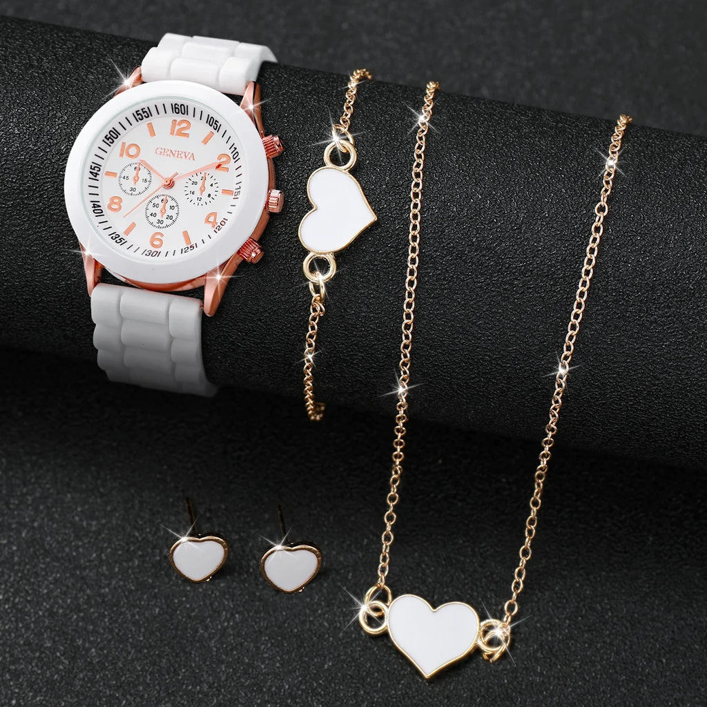 5/6PCS Women Watches Fashion Arabic Dial Silicone Band Quartz Watch Reloj Mujer Girls Clock Gift Jewelry Set（Without Box）