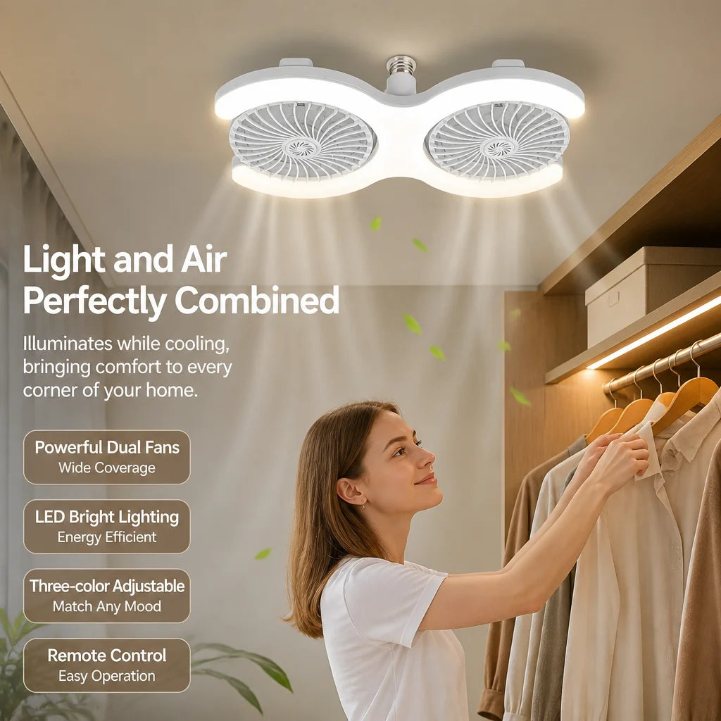 Double Head E27 Ceiling Fan Light with Remote Control Adjustable Angle and Silent Design Suitable for Bedrooms and Living Rooms
