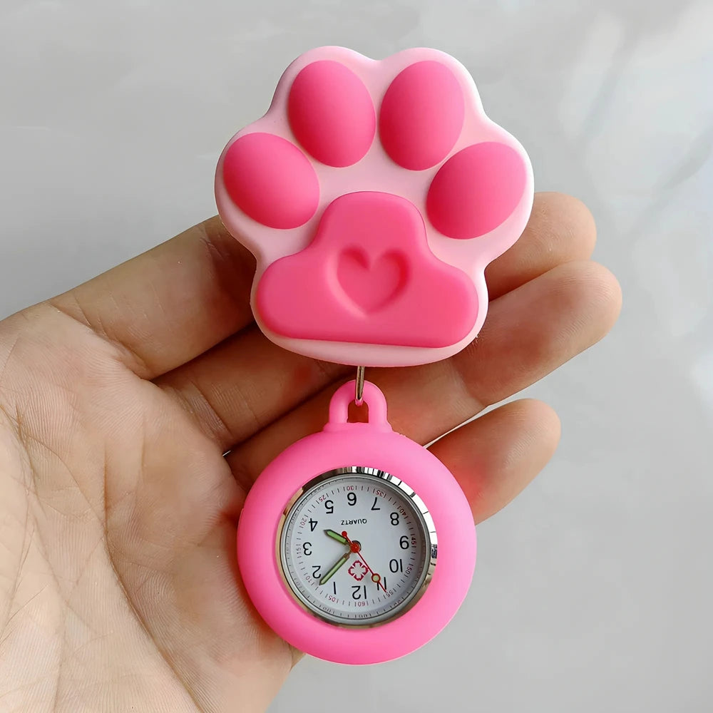 Colourful Retractable Badge Reel Nurse Doctor Lovely Cat Claw Footprints Pocket Watches medical hospital Gift Watch for women