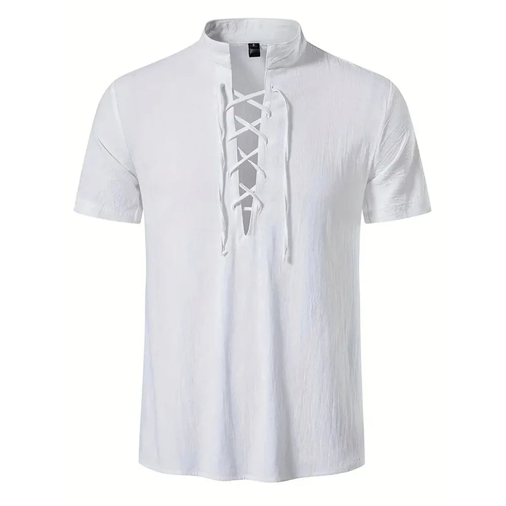 Men's Retro Shirt Short Sleeve Cotton Linen Lightweight Breathable Solid Color Fashion Tops Pirate V-neck Male Stylish Shirs