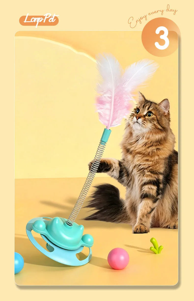 Interactive Cat Turntable Toy Feather Wand Rolling Ball Self Play Kitten Boredom Relief Indoor Pet Playing Accessory