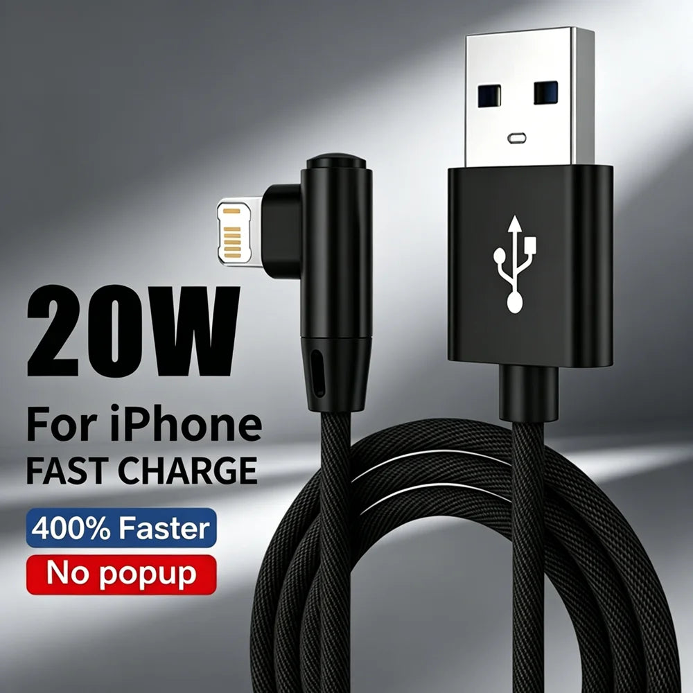 90° Elbow 20W Fast Charge Cable USB For iPhone 11 12 13 Mini 14 Pro Max X XR XS Max 6 7 8 Plus Quick Charging Fabric Phone Cable