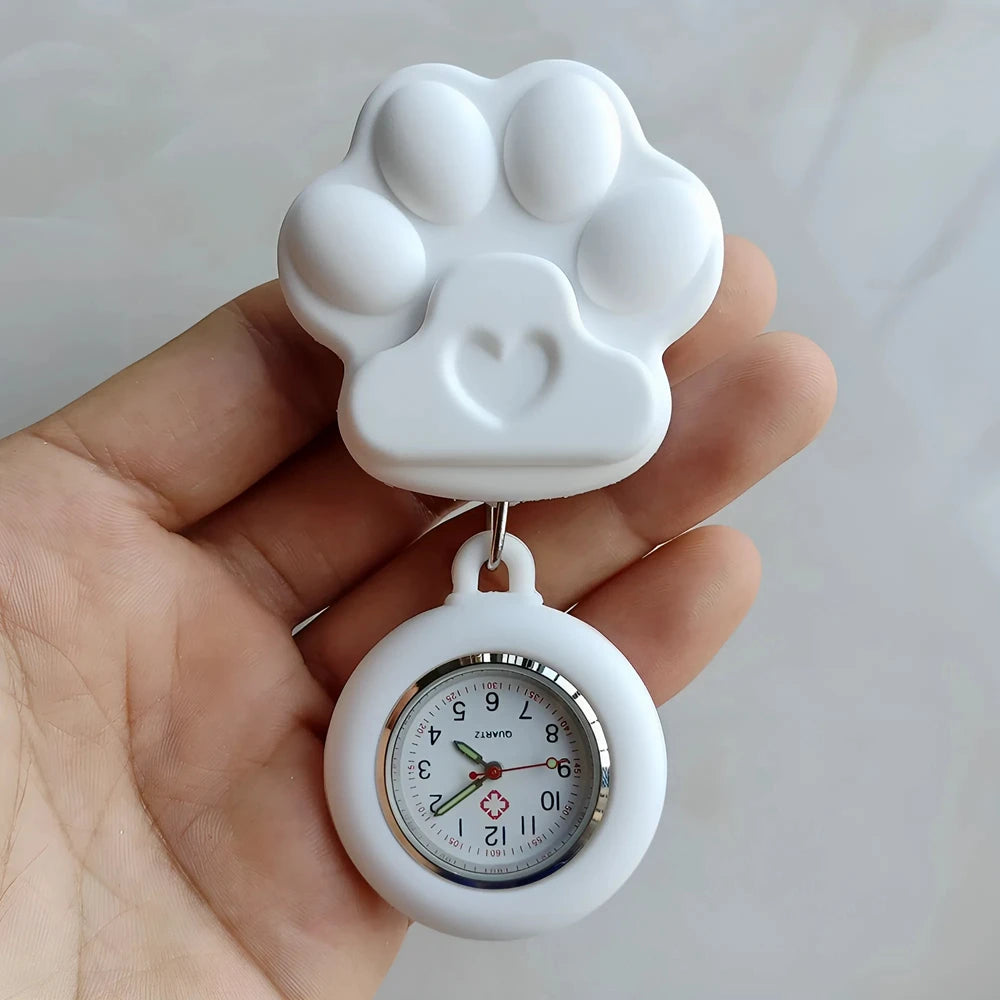 Colourful Retractable Badge Reel Nurse Doctor Lovely Cat Claw Footprints Pocket Watches medical hospital Gift Watch for women