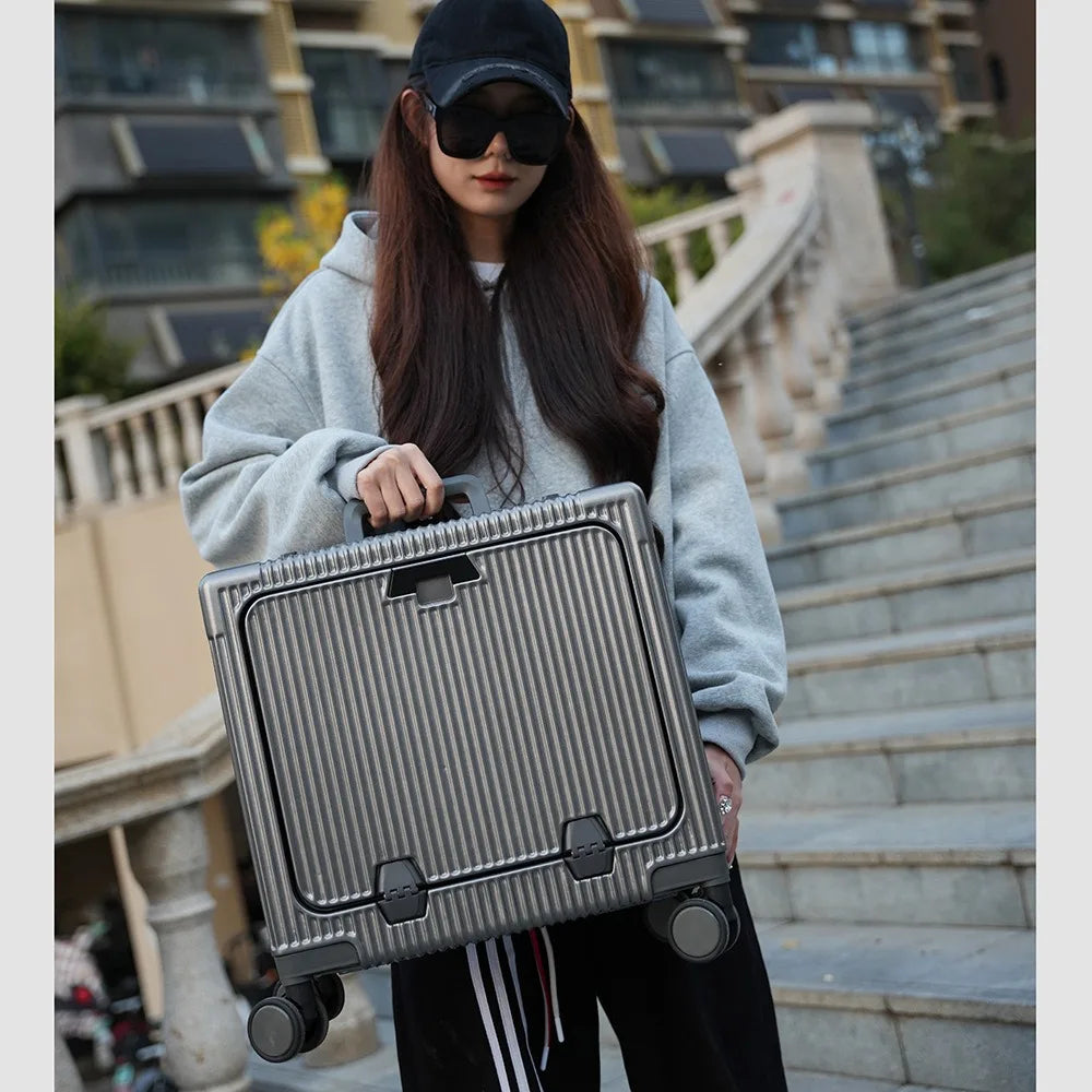 Suitcase Front Opening Pocket Aluminum Alloy Frame Rolling Luggage 18" Carry On Boarding Travel Trolley Bags with Spinner Wheel