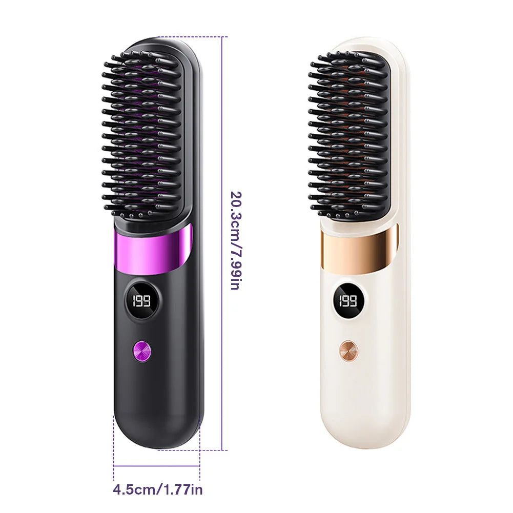 Hair Straightener Brush with LCD Display Cordless USB Charging Straightener Portable Mini Straightening Brush for Home Travel