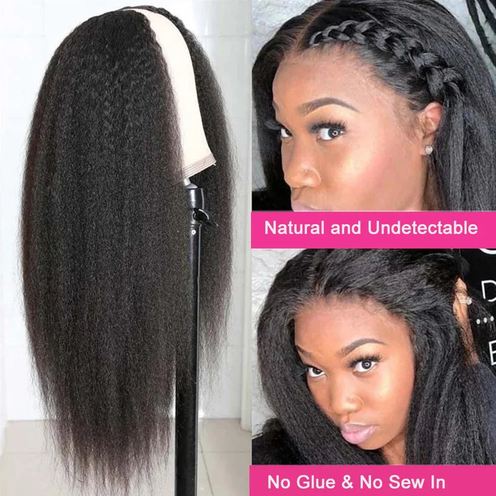 V Part Kinky Straight Wig Human Hair 220% Density 32 40 Inch V Shape Clip in Half Wigs No Leave Out No Sew In Wig Natural Color