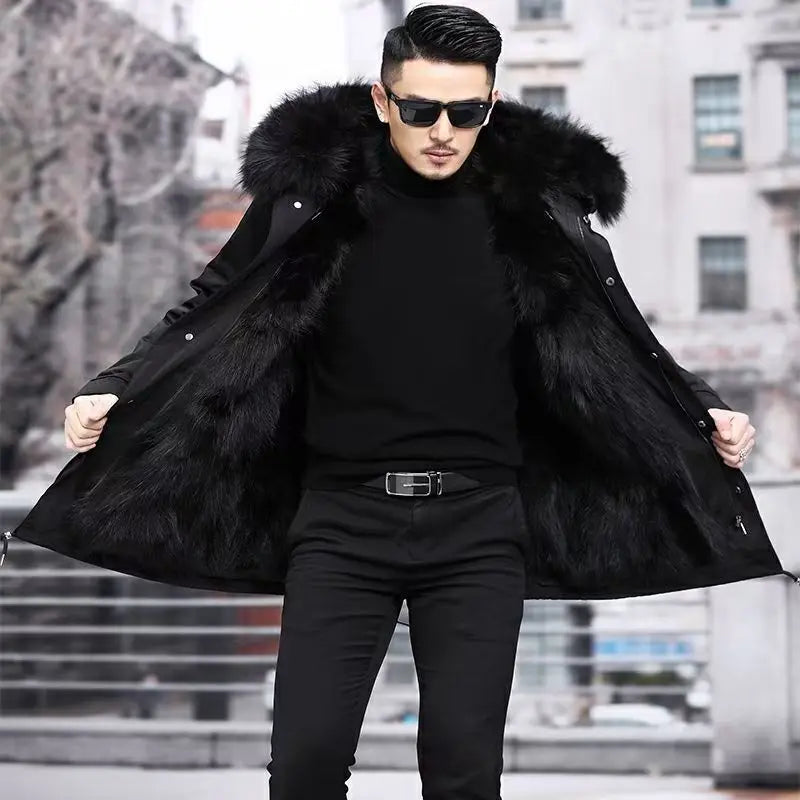 Winter Men Parka Warm Coat Men Wool Liner Jacket Long Hooded Jacket High Quality Raccoon Fur Collar