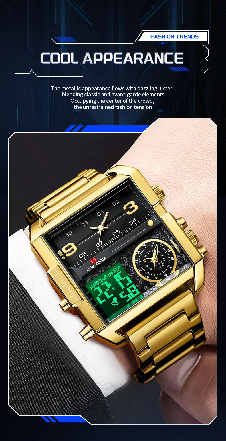 Dual Display Men Sports Watches For Male Clock Gold Black Men Digital Wrist Watches Top Brand Luxury Chronograph Quartz Watch
