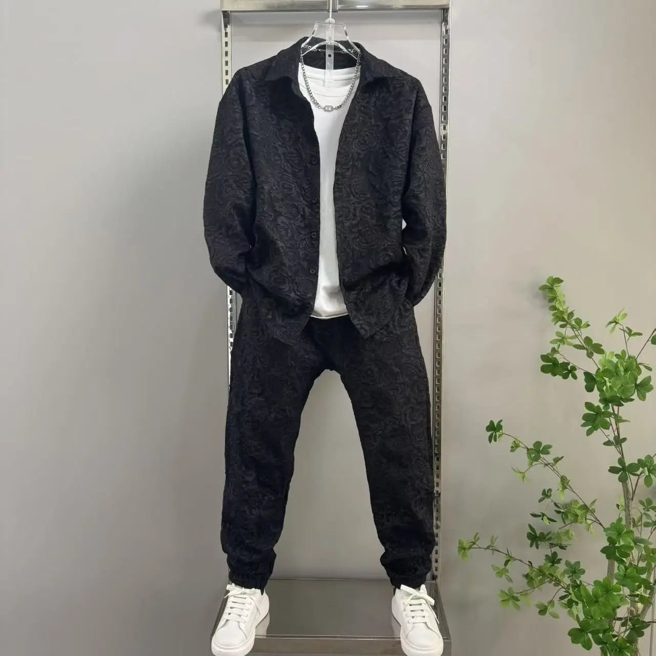 2025 New Men's casual fashion two-piece pants set, sporty lapel jacquard shirt, long-sleeved spring and autumn set