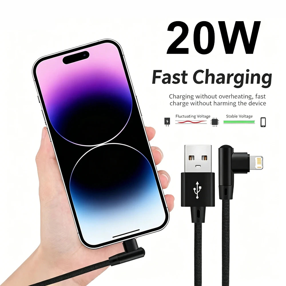 90° Elbow 20W Fast Charge Cable USB For iPhone 11 12 13 Mini 14 Pro Max X XR XS Max 6 7 8 Plus Quick Charging Fabric Phone Cable